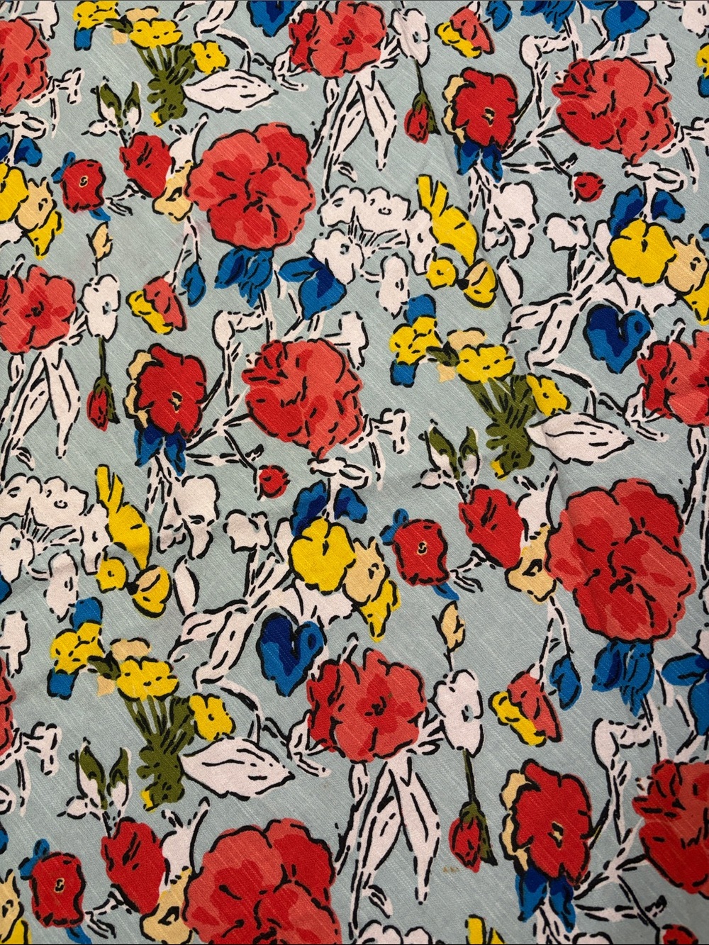 Floral Print Table Linen in Light Blue with Red & Yellow Accents